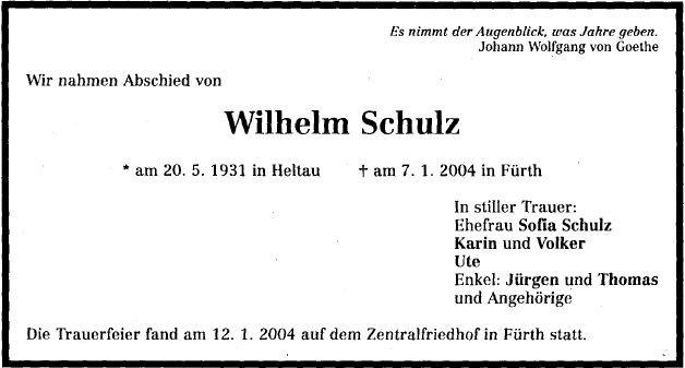 Schulz Wilhelm 1931-2004 Todesanzeige